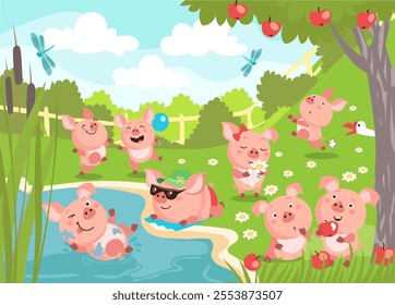 Pigs play outdoor. Farm animals having fun in nature. Frolicking in pond. Picking flowers. Happy piglets eat apples. Domestic mammals. Games at garden meadow. Splendid