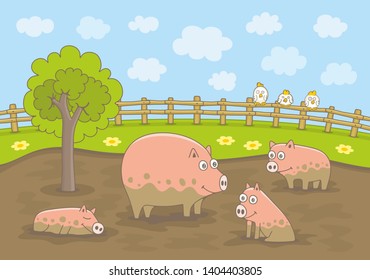 Pigs Playing in Dirty Puddle. Funny cartoon and vector illustration