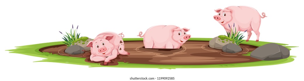 Pigs playing in the mud illustration