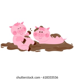Pigs playing in a mud puddle. Vector illustration