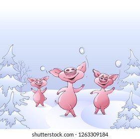 Pigs playing snowballs in a forest clearing.