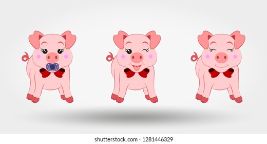Pigs with red bows. Set. Icon. Vector illustration. Flat design