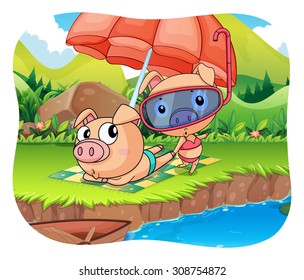 Pigs relaxing by the pond illustration