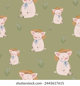Pigs seamless pattern hand drawn cute kids background vintage retro pallete
