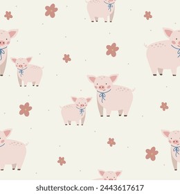 Pigs seamless pattern hand drawn cute kids background vintage retro pallete