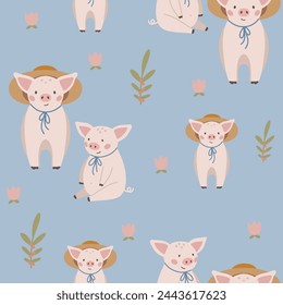 Pigs seamless pattern hand drawn cute kids background vintage retro pallete