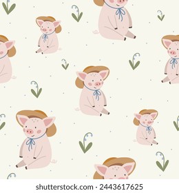 Pigs seamless pattern hand drawn cute kids background vintage retro pallete