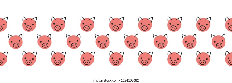 Pigs seamless vector border. Cute polka dot pig faces coral pink on white background. Geometric fun kids design. Use for fabric, kids decor, gift wrap, packaging, digital paper, nursery, new year card