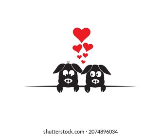 Pigs silhouettes behind the table, vector. Cute cartoon character isolated on white background. Pig couple in love, illustration. Childish wall decals, wall art. Minimalist black and white artwork. 