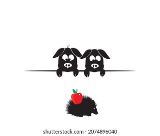 Pigs silhouettes behind the table, vector. Cute cartoon character isolated on white background. Two pigs and hedgehog, illustration. Childish wall decals, wall art. Minimalist black and white artwork.