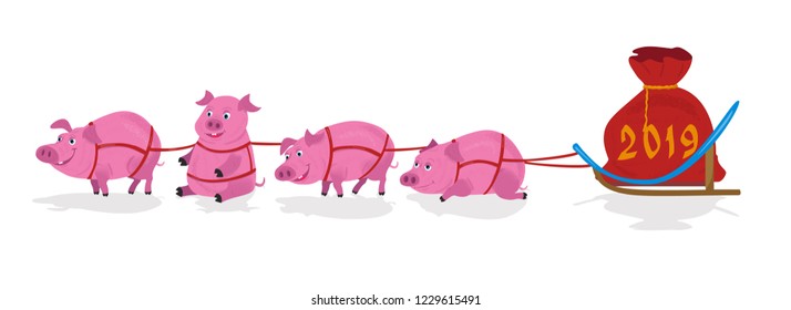 Pigs sled team and chrismas bag with numbers 2018. White background