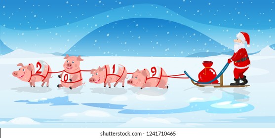 Pigs sled team and santa with chrismas red bag.