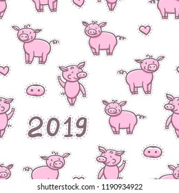 Pigs sticker cute doodle pencil hand drawing. Seamless pattern Happy New Year. Chinese year sign 2019. Vector illustration isolated on pink background.