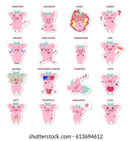 Pigs stickers set on white background. Set for social networks and chats.