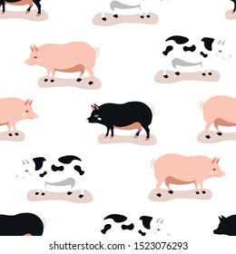 Pigs vector animals cute seamless pattern on white background