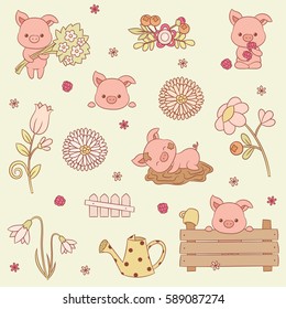 Pigs vector icons set. Many adorable piglets in different situations. Vector art.