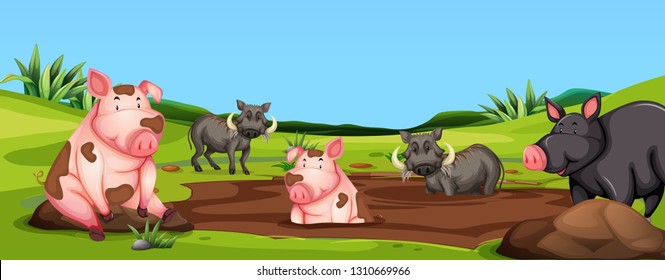 Pigs and warthogs in mud scene illustration