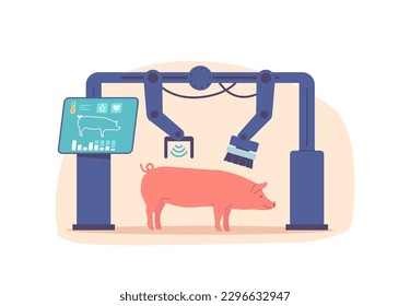 Schweinewaschanlage in intelligenten Betrieben, Robotermaschine mit Wasserstrahlen und Brushes-Reinigungstier. Automatisierte Technologie