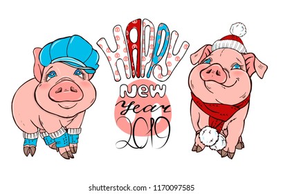Pigs in winter clothes hat and scarf, vector illustration