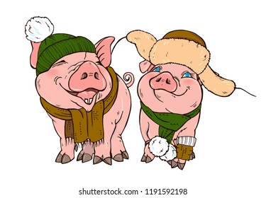 Pigs in winter clothes hat and scarf, vector illustration