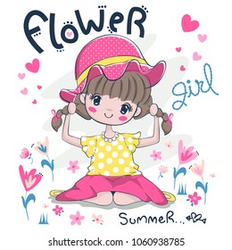 Pigtail cute girl wearing a sun hat sitting in the flower garden isolated on white background illustration vector.