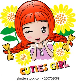Pigtail cute girls posing in the sunflower fields vector 