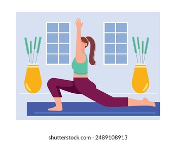 Mujer coleta en pose de yoga, hermoso deporte en el suelo del colchón. Diseño de personajes. Ilustración plana de Vector