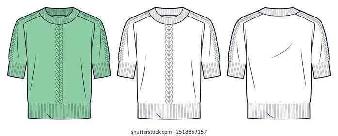 Pigtails Sweater technical fashion illustration. Jumper fashion flat technical drawing template, round neckline, short sleeve, front and back view, white, green, women, men, unisex CAD mockup set.