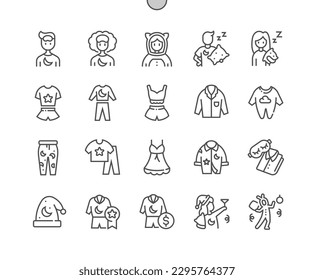 Pijama. Clothes. Sleepwear. Pajama pants. Sleeping cap. Pixel Perfect Vector Thin Line Icons. Simple Minimal Pictogram