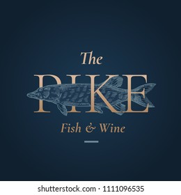 The Pike Abstract Vector Sign, Symbol or Logo Template. Hand Drawn Pike Fish with Golden Retro Typography. Premium Quality Vintage Vector Emblem. Isolated.