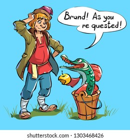 Pike in a bucket offers a man a bitten Apple