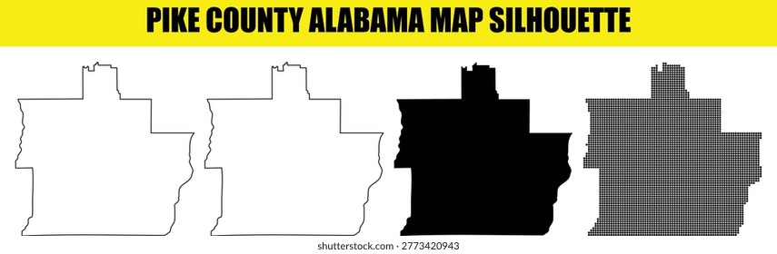 Pike county alabama map silhouette vector pack showing outline and solid black and white filled and pixelated dot.