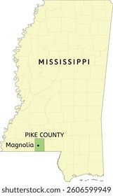 Pike County and city of Magnolia location on Mississippi state map