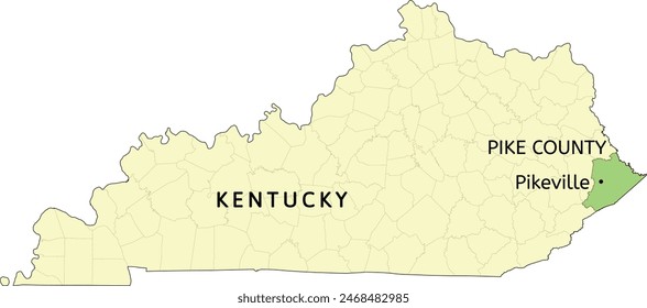 Pike County and city of Pikeville location on Kentucky state map