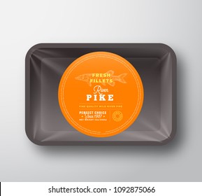 Pike Fillets. Abstract Vector Fish Plastic Tray with Cellophane Cover Packaging Design Round Label or Sticker. Retro Typography and Hand Drawn Pike Silhouette Background Layout. Isolated.