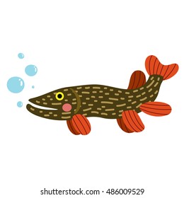 Pike fish animal cartoon character isolated on white background. 