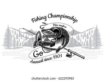 Pike fish bend with crossed fishing rod with landscape in engraving style. Logo for fishing, championship and sport club on white