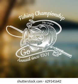 Pike fish bend with fishing rod in engraving style on blurred landscape photo. Logo or background for fishing, championship and sport club