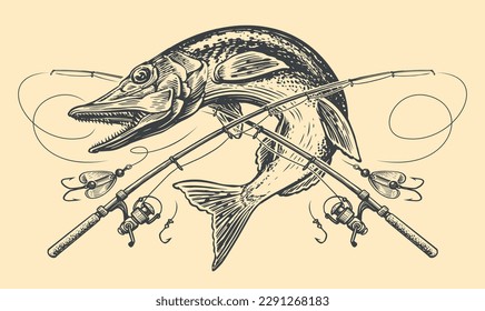 Pike fish, crossed rods and tackle emblem. Fishing, outdoor sports lifestyle concept, sketch vintage vector illustration