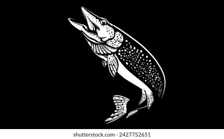 Pike fish fishing emblem. Isolated detailed pike vector logo. Handdrawn fishing theme. 