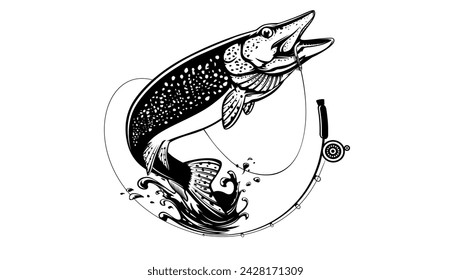 Pike fish fishing emblem. Isolated detailed pike vector logo. Handdrawn fishing theme. 