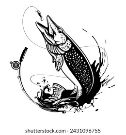 Pike fish fishing emblem. Isolated detailed pike vector logo. Handdrawn fishing theme. 