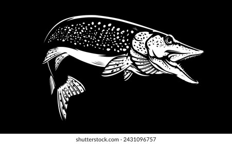 Pike fish fishing emblem. Isolated detailed pike vector logo. Handdrawn fishing theme. 