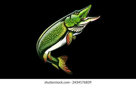 Pike fish fishing emblem. Isolated detailed pike vector logo. Handdrawn fishing theme. 
