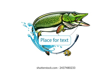 Pike fish fishing emblem. Isolated detailed pike vector logo. Hand drawn fishing theme. 