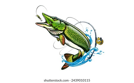 Pike fish fishing emblem. Isolated detailed pike vector logo. Handdrawn fishing theme. 