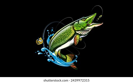 Emblema de pesca de lucio. Logotipo de vector de lucio detallado aislado. Tema de pesca artesanal. NO AI.