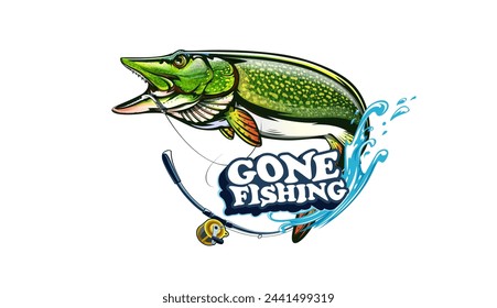 Pike fish fishing emblem. Isolated detailed pike vector logo. Handdrawn fishing theme. NOT AI.