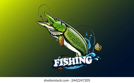 Pike fish fishing emblem. Isolated detailed pike vector logo. Handdrawn fishing theme. NOT AI.