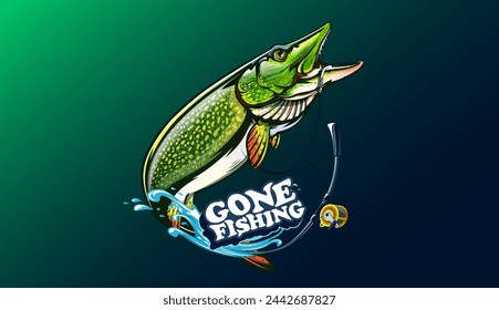 Pike fish fishing emblem. Isolated detailed pike vector logo. Handdrawn fishing theme. NOT AI.